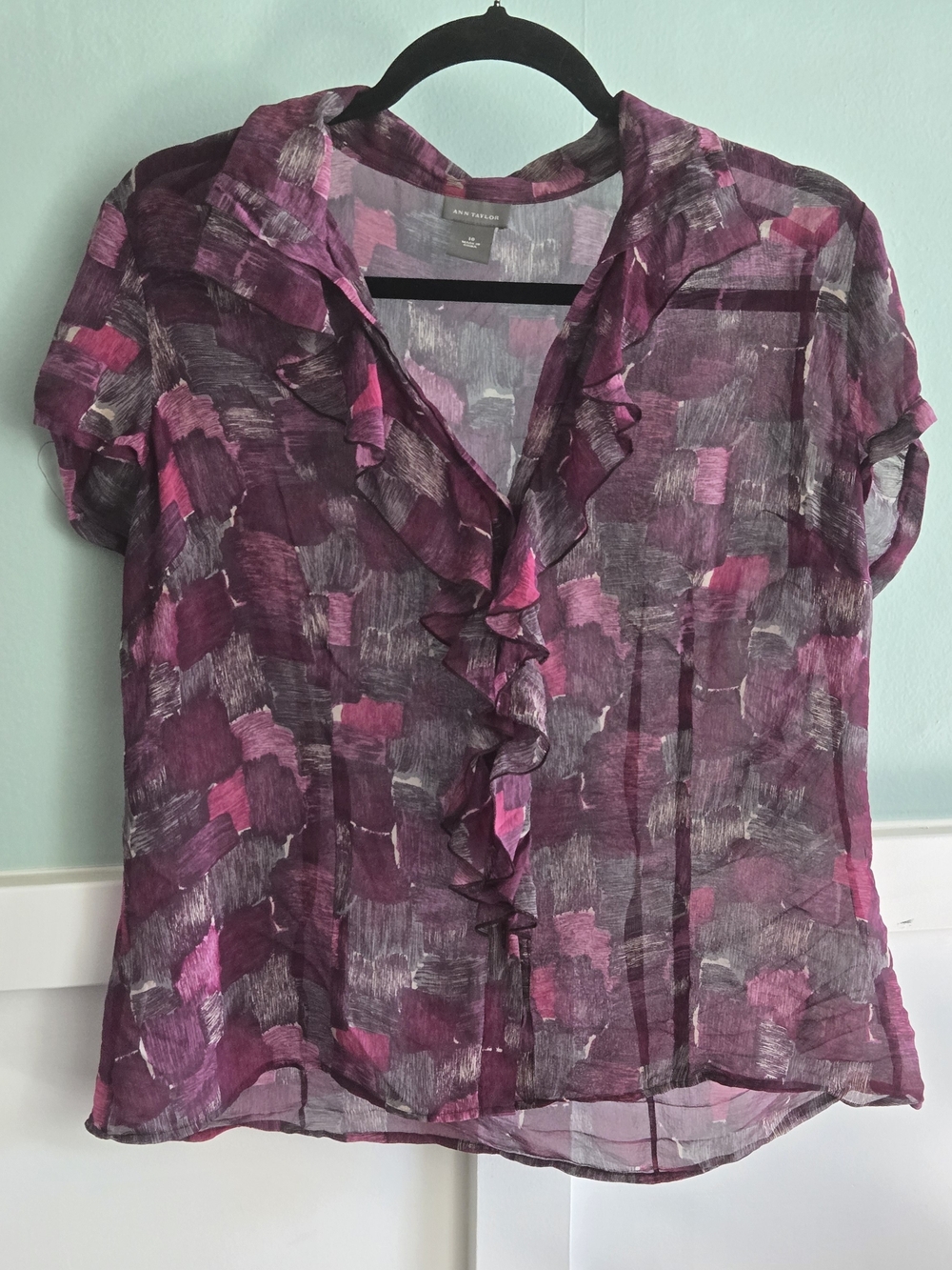 Ann Taylor Womens Size 10  Pink Purple Abstract Button Up Ruffled Sheer Top
